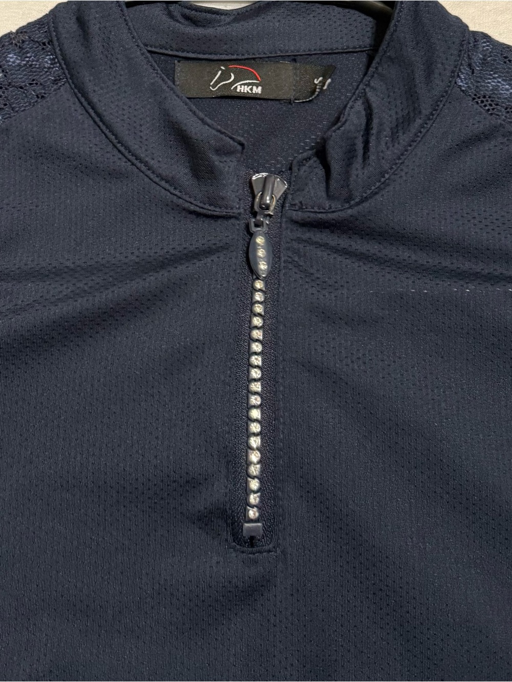 HKM Lace-Shoulder Navy Short-Sleeve Zip Polo Top - Rhinestone Zipper